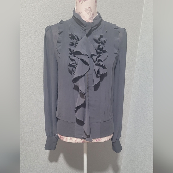 Express Charcoal Ruffle Blouse - Picture 1 of 6